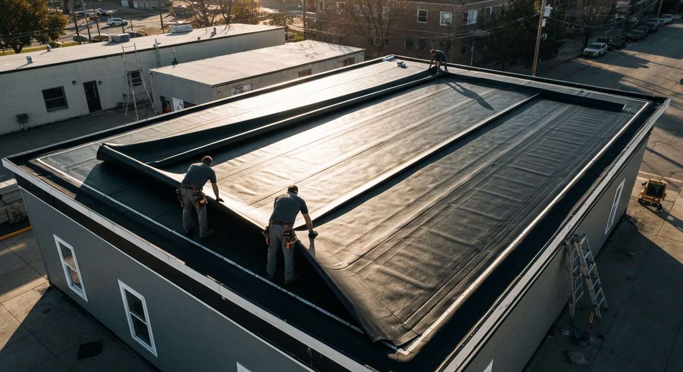 Heywood crew installing EPDM flat roof