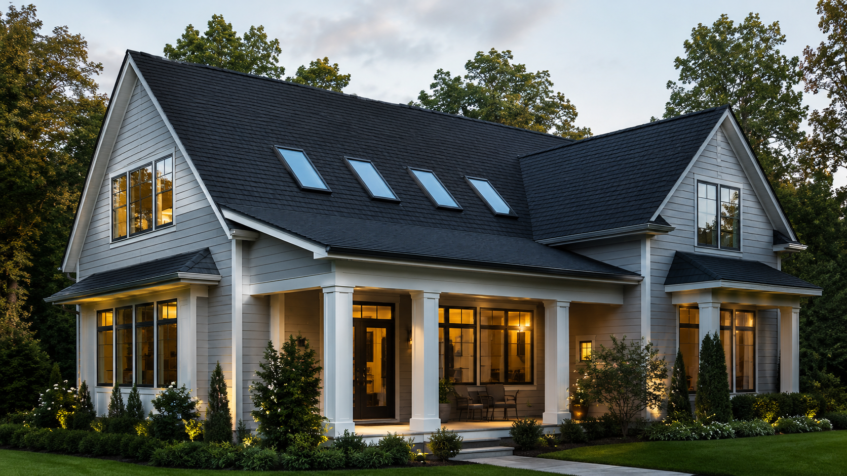 Modern Windsor home at dusk with VELUX skylights along the roofline